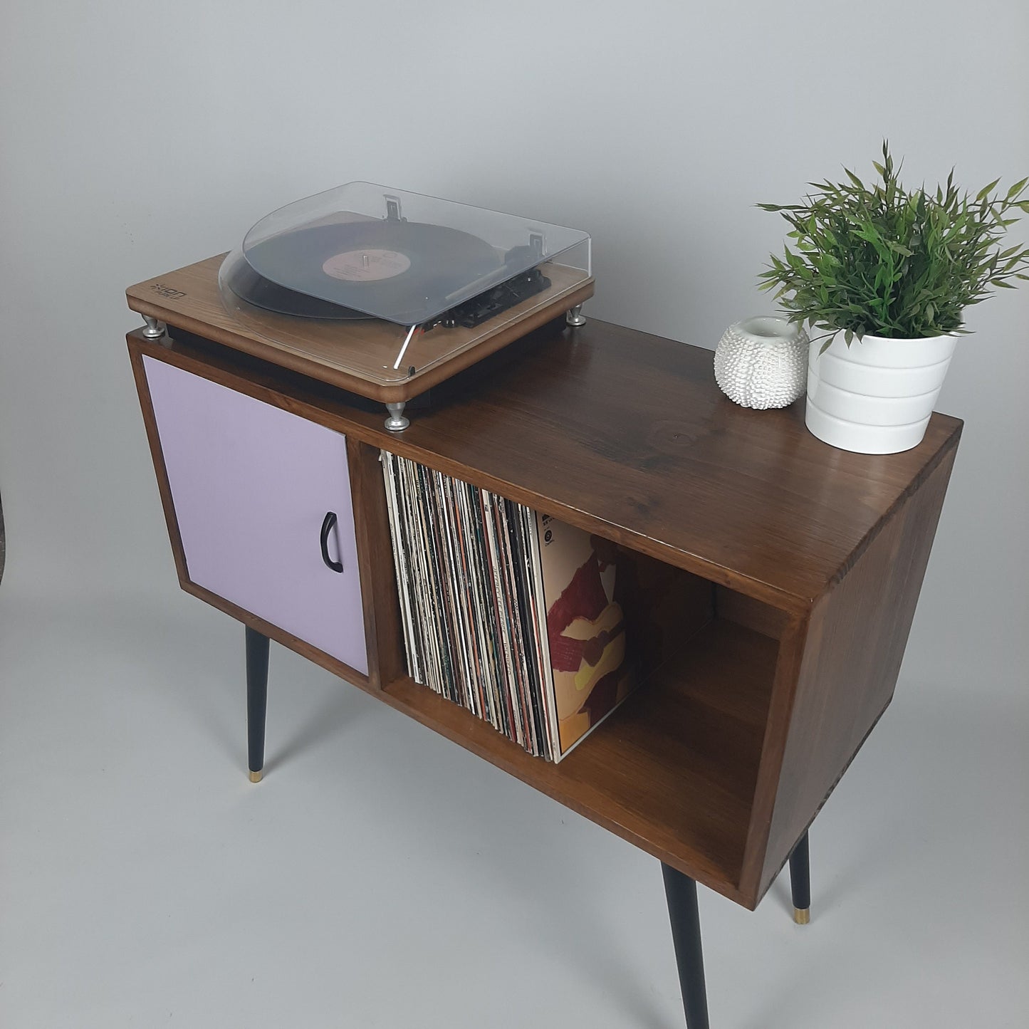 Walnut Sideboard with Lilac Door & Satin Black Handle | Dansette Legs Edition