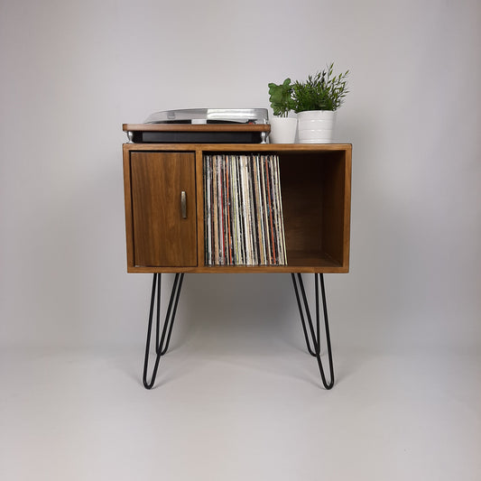 Designer Cabinet | Small Media Console | Brass Hairpin Legs | Walnut Sideboard | Vinyl Record Storage | Danish Furniture | Scandi