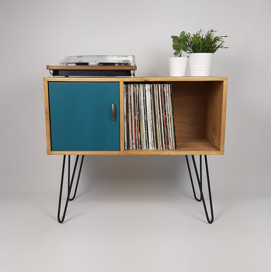 Oak Sideboard Royal Blue Door | Hairpin Legs | Media Console | Vinyl Cabinet | Vinyl Storage