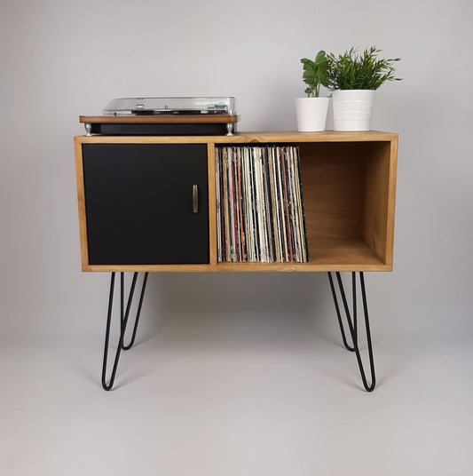 Oak Sideboard Black Hairpin Legs & Door | Medium Sideboard | Vinyl Storage | Mid Century Modern | Buffet