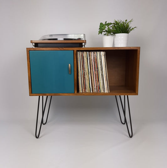 Walnut Sideboard Black Hairpin Legs & Royal Blue Door | Solid Wood Sideboard | Handmade | Vinyl record Storage