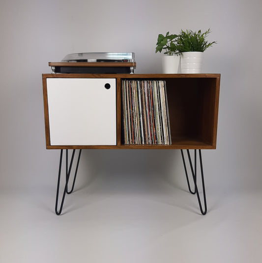 Walnut Sideboard w/ White Door & Black Hairpin Legs | Vinyl Record Storage | Media Console