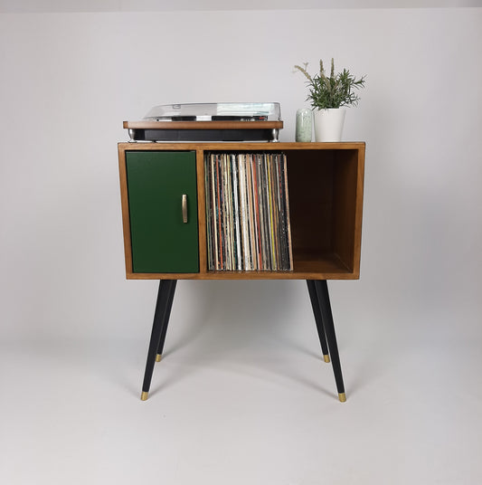 Compact Walnut Sideboard with Green Door | Minimalist Media Console | Vinyl Record Storage | TV Stand | Solid Wood Sideboard