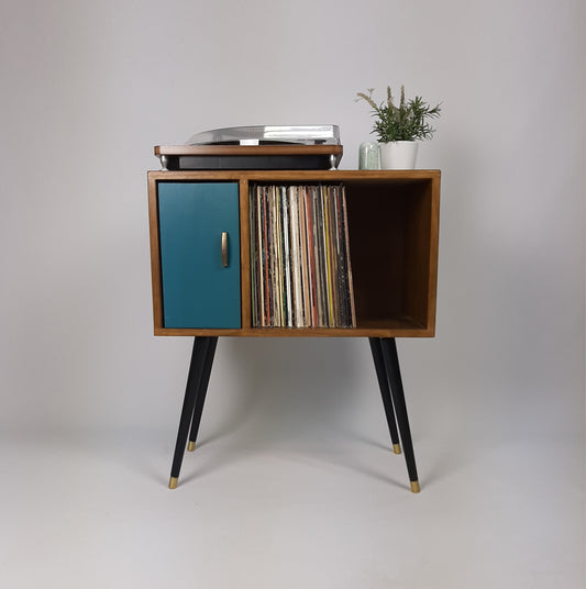 Compact Walnut Sideboard with Blue Door | Minimalist Media Console | Vinyl Record Storage | TV Stand | Solid Wood Sideboard