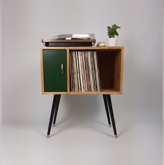 Oak Sideboard with Forest Green Door | Vinyl Record Storage | Console Table | Vinyl Cabinet | Mid Century Modern Legs | Dansette Record