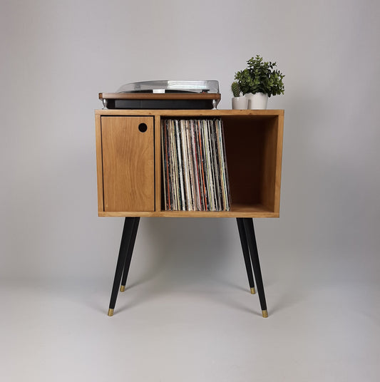 Oak Sideboard with Black 1950s Legs | Small Solid Wood Sideboard | Record Storage Console | Classic Style | Modernist Furniture