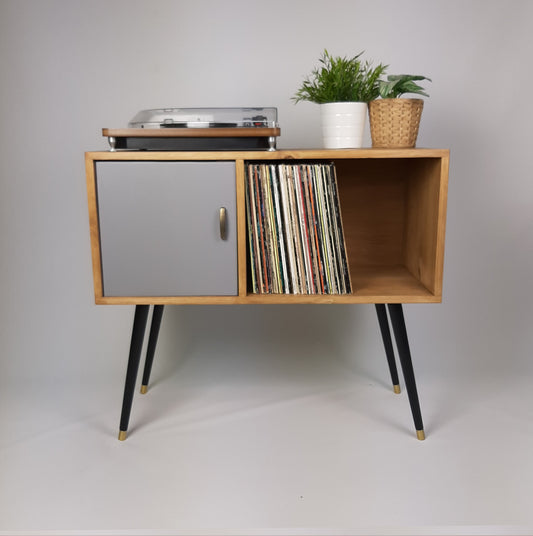 Oak Sideboard | Grey Door | Vinyl Record Storage | Solid Wood Sideboard | Black Legs | Credenza