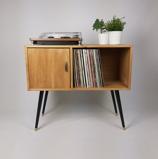 Oak Sideboard | Solid Wood Sideboard | Vinyl Record Storage | Mid Century Modern | Medium Cabinet | With Brass