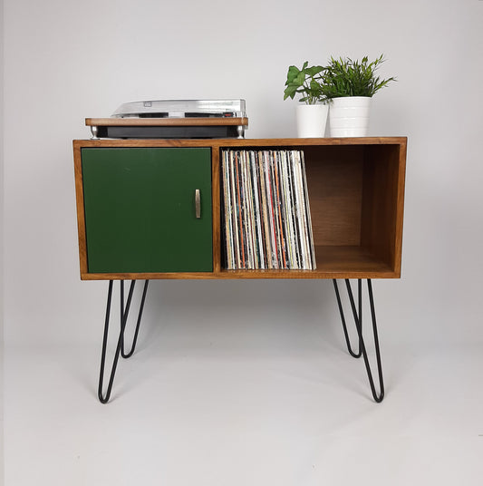 Vinyl Record Storage | Walnut Sideboard with Black Hairpin Legs | Emerald Green