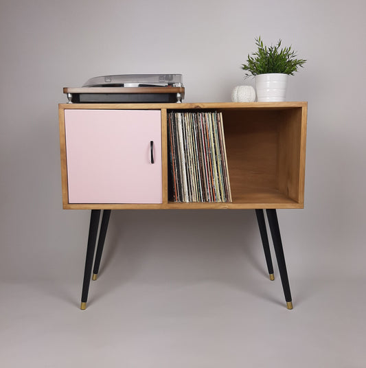 Oak Console Table with Pastel Pink Door and Satin Black Handle | Vinyl Record Storage | Credenza | 100 % Sustainable | Pink