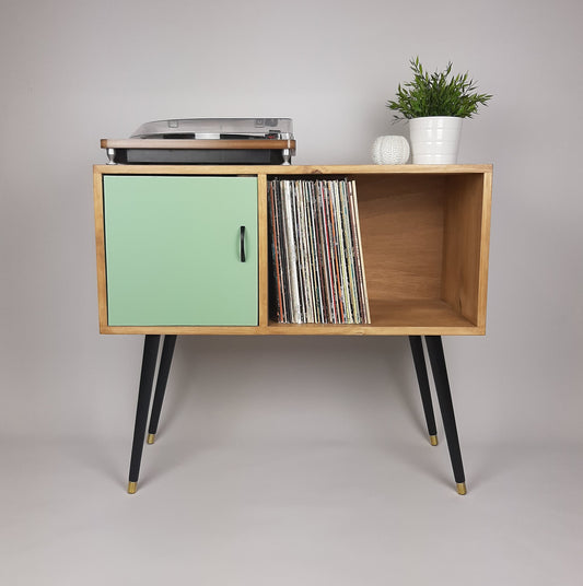 Oak Console Table with Pastel Green Door and Satin Black Handle | Vinyl Record Storage | Credenza | 100 % Sustainable