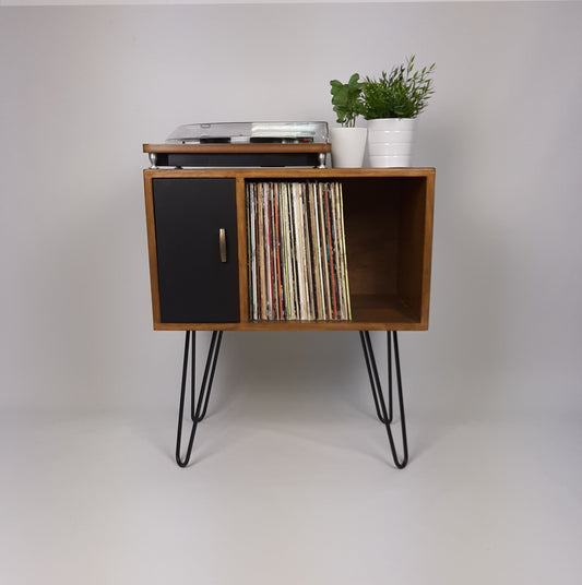 Small Walnut Sideboard | Black Door & Hairpin Legs | Record Deck Table | Vinyl Storage | Designer Sideboard | Minimalist Furniture