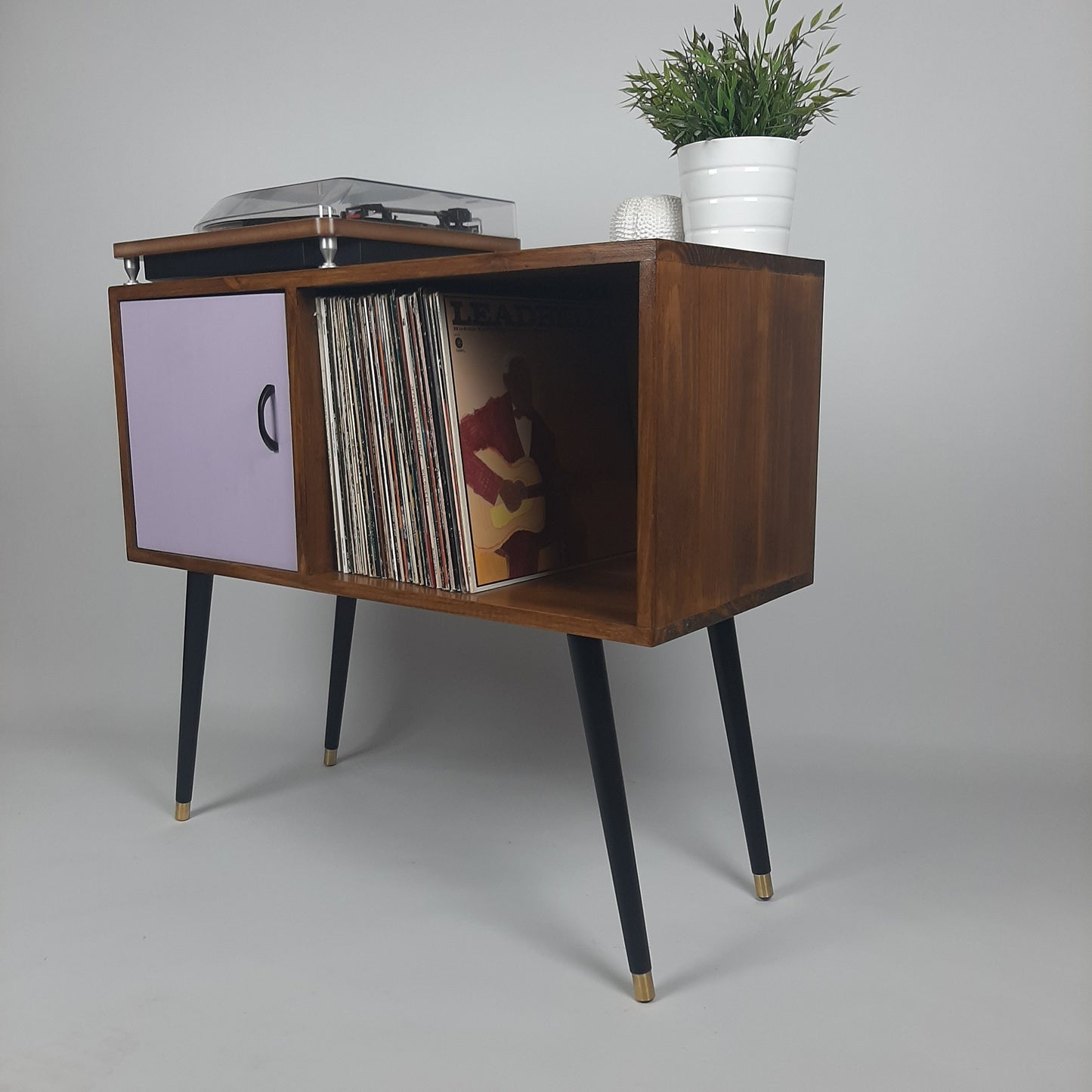 Walnut Sideboard with Lilac Door & Satin Black Handle | Dansette Legs Edition