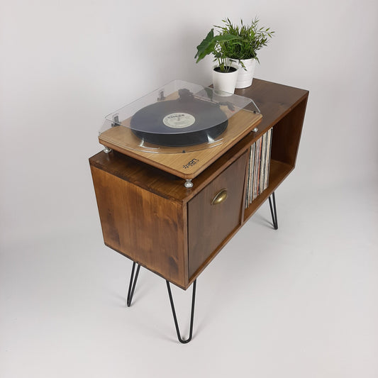 Walnut Record Storage Table with Pull Down Door | Black Hairpin Legs Edition