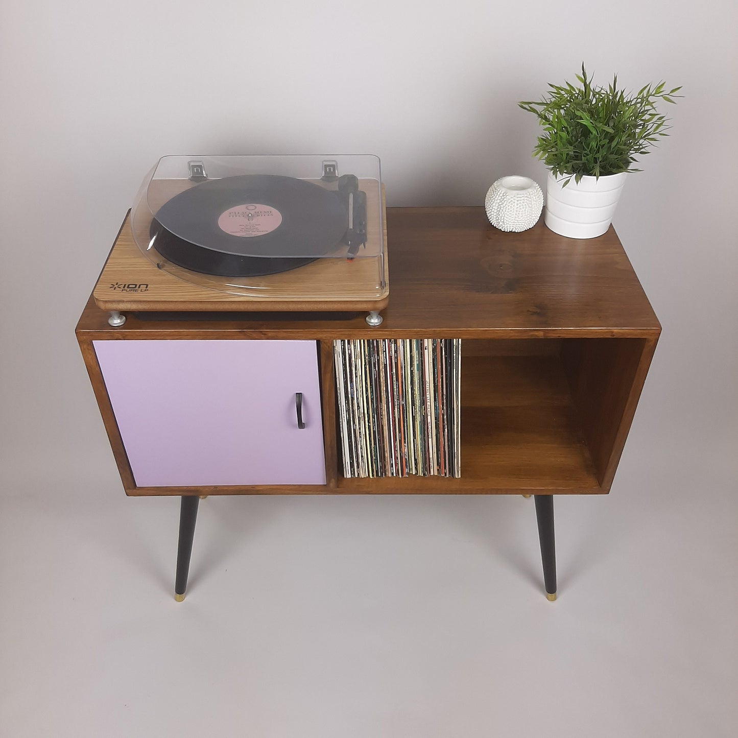 Walnut Sideboard with Lilac Door & Satin Black Handle | Dansette Legs Edition