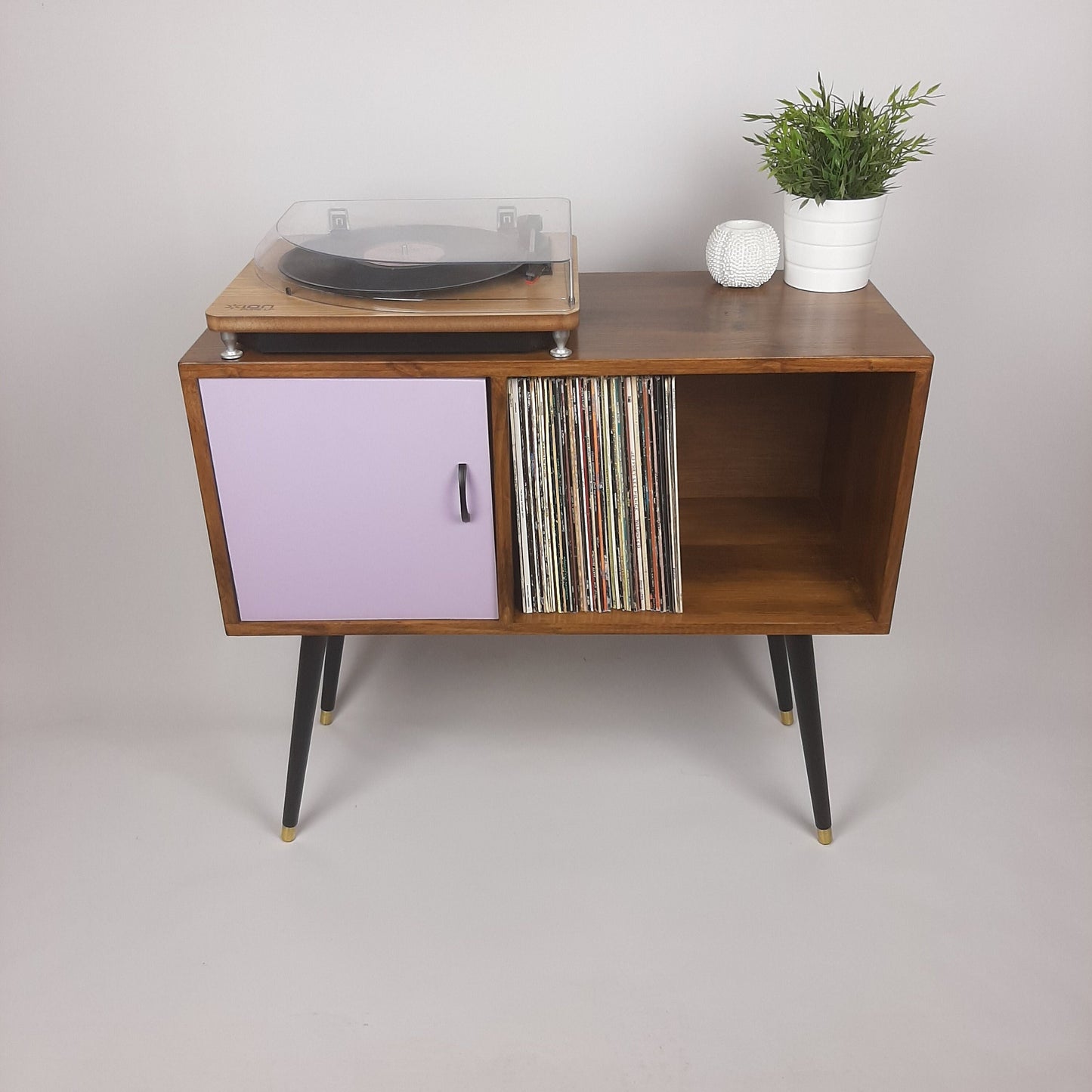 Walnut Sideboard with Lilac Door & Satin Black Handle | Dansette Legs Edition