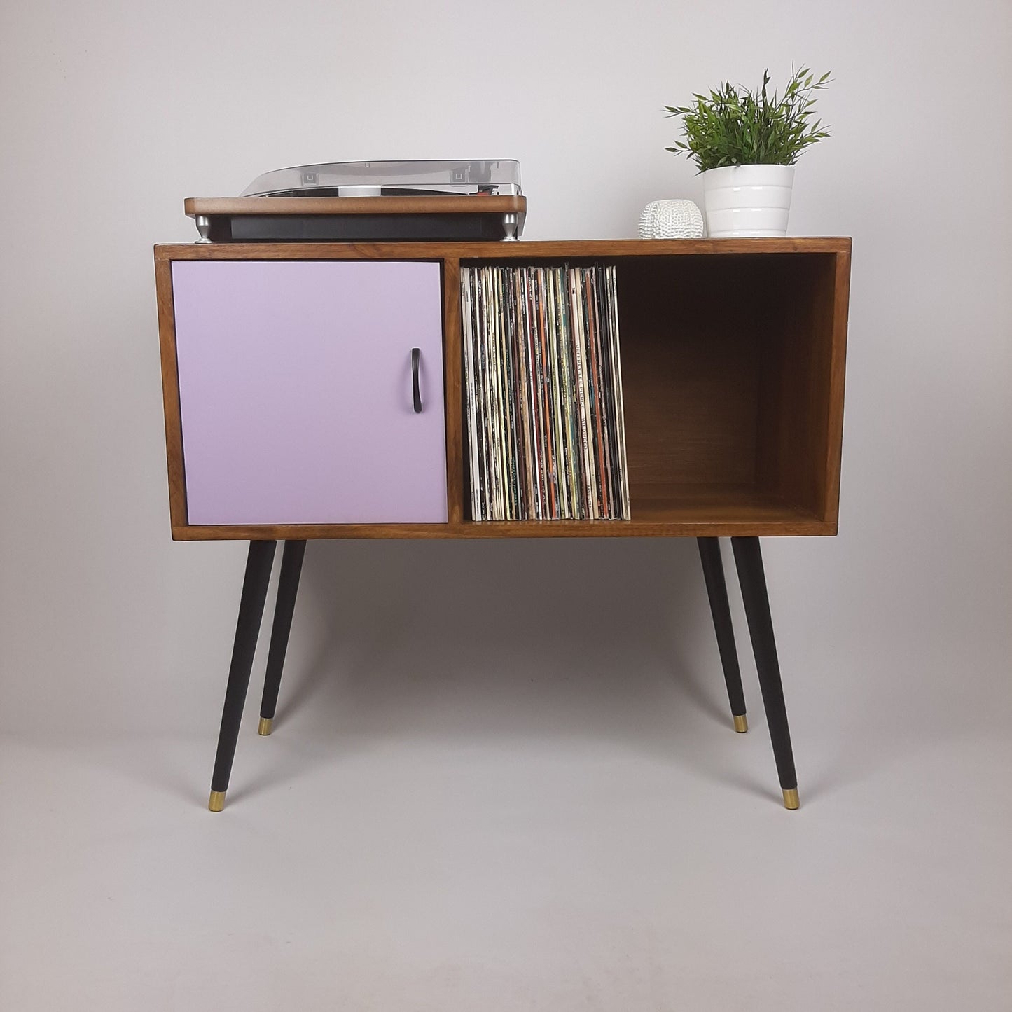 Walnut Sideboard with Lilac Door & Satin Black Handle | Dansette Legs Edition