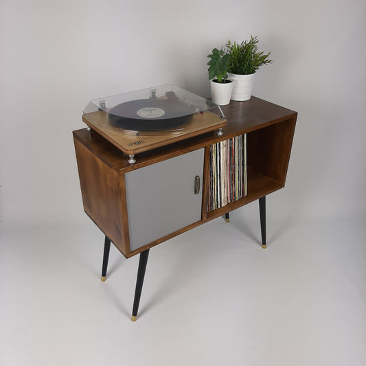 Walnut Sideboard with Grey Door, Brass Tipped Black Legs | Vinyl Record Storage | Mid Century Modern Table | Media Console