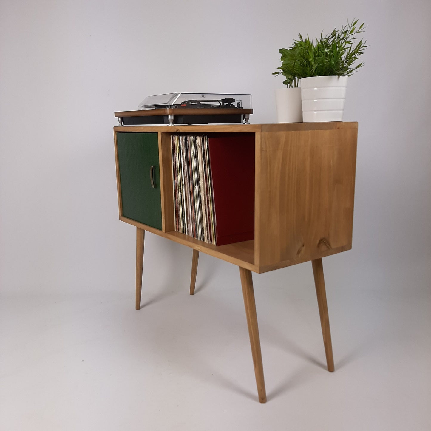 Oak Sideboard Green Door | Media Console | Vinyl Record Storage | Record Cabinet | Media Sideboard | Solid Wood
